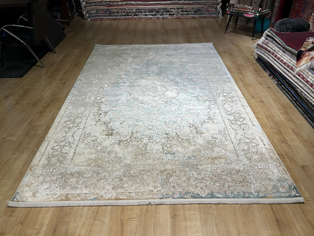 Beige Blue Silk Rug, Medallion Design Classic Silk Carpet