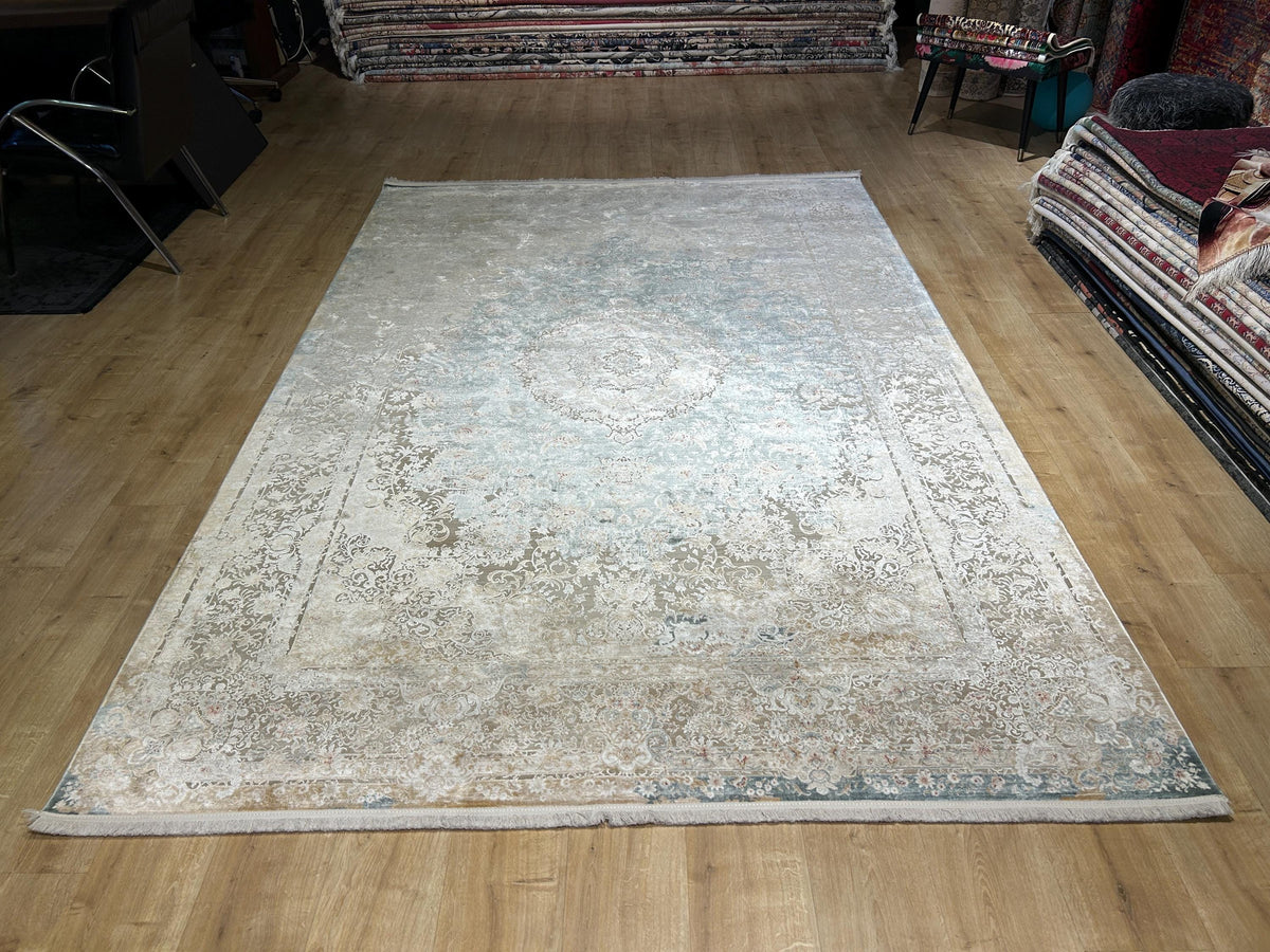 Beige Blue Silk Rug, Medallion Design Classic Silk Carpet