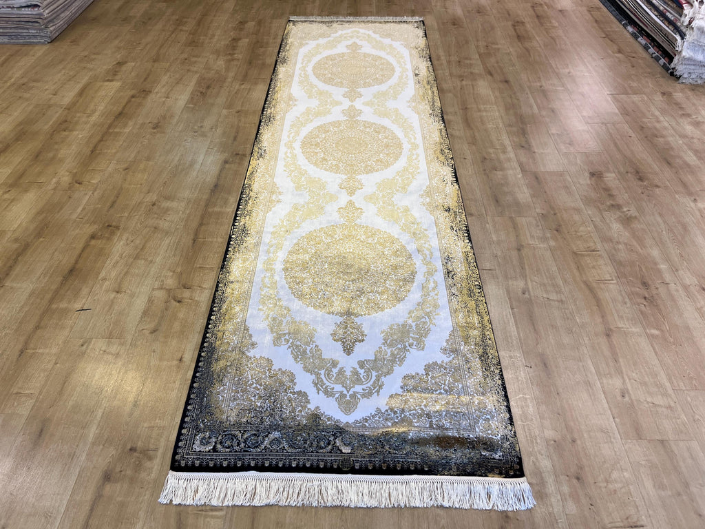 Black Gold Medallion Silk Runner Rug, 3x10 ft, Classic Luxury Turkish Rug