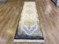 Black Gold Medallion Silk Runner Rug, 3x10 ft, Classic Luxury Turkish Rug