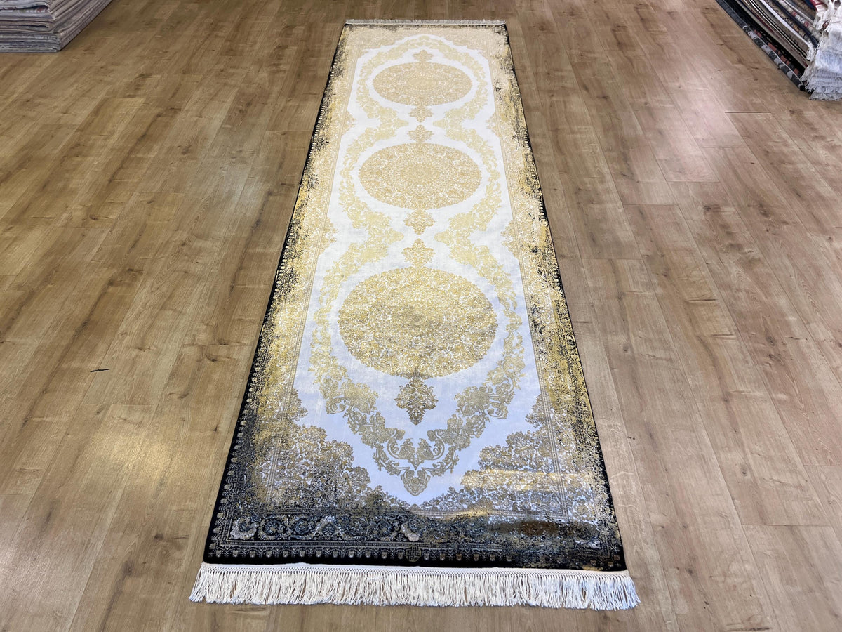 Black Gold Medallion Silk Runner Rug, 3x10 ft, Classic Luxury Turkish Rug