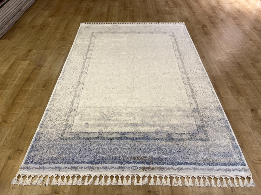 Gray Beige Silk Rug, Floral Design Bordered Silk Carpet, Turkish Home Decor
