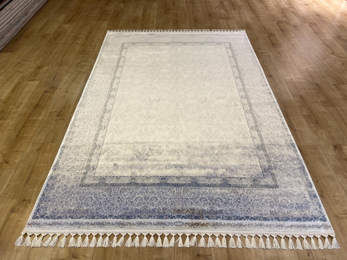 Gray Beige Silk Rug, Floral Design Bordered Silk Carpet, Turkish Home Decor