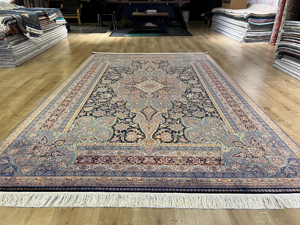 7x10 ft Dark Blue Silk Rug, Classic Medallion Design Silk Carpet, Luxury Home Decor