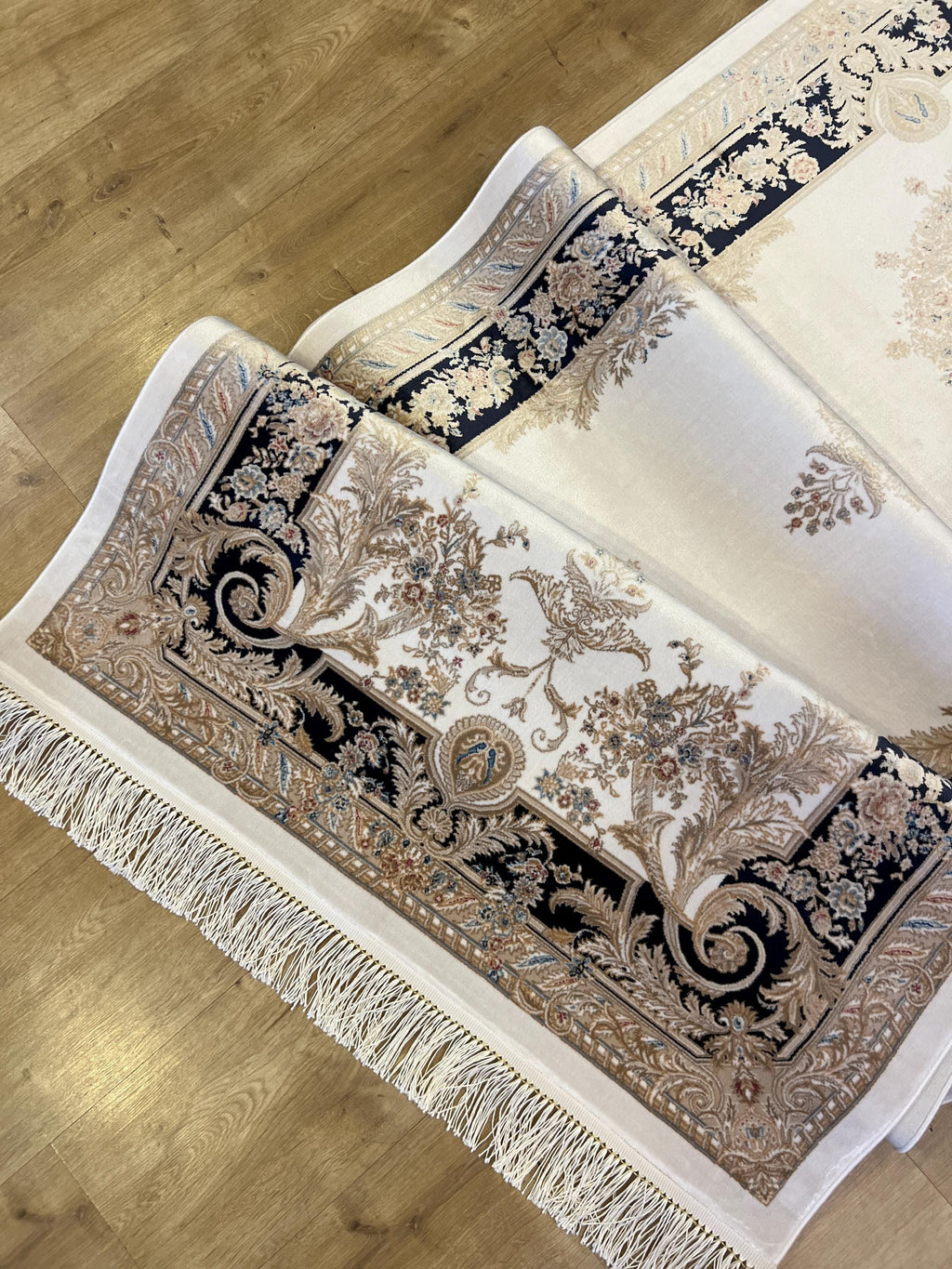Ivory Silk Runner Rug with Navy Blue Border Gold Medallion, 3x10ft, Classic Turkish Rug