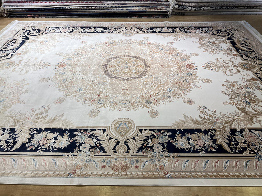 10x13 ft Ivory Silk Rug with Navy Blue Border Gold Medallion, Big Silk Carpet