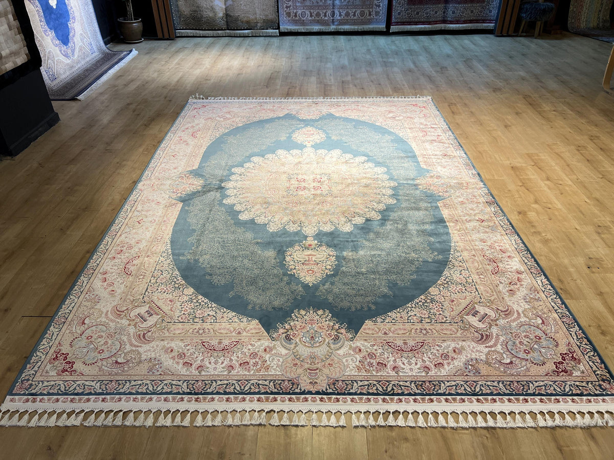 Blue Beige Silk Palace Rug, 8x11 ft, Traditional Turkish Carpet