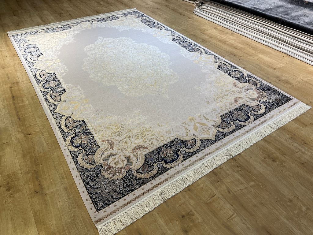 7x10 ft Modal Silk Turkish Rug, Gold & Blue Carpet