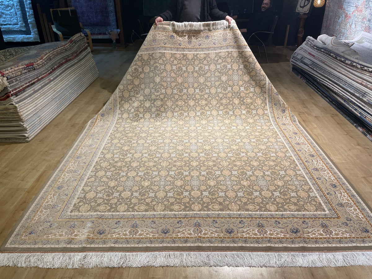 Beige Silk Rug, Cream Floral Design With Elegant Border, Luxury Area Rug