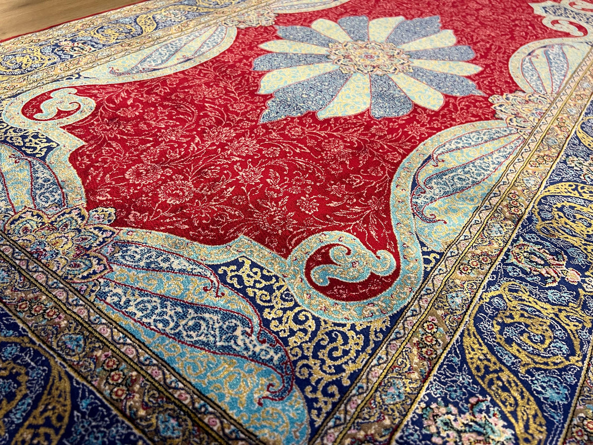 3x10 ft Red Silk Runner Rug, Blue Medallion, Classic Luxury Hallway Rug