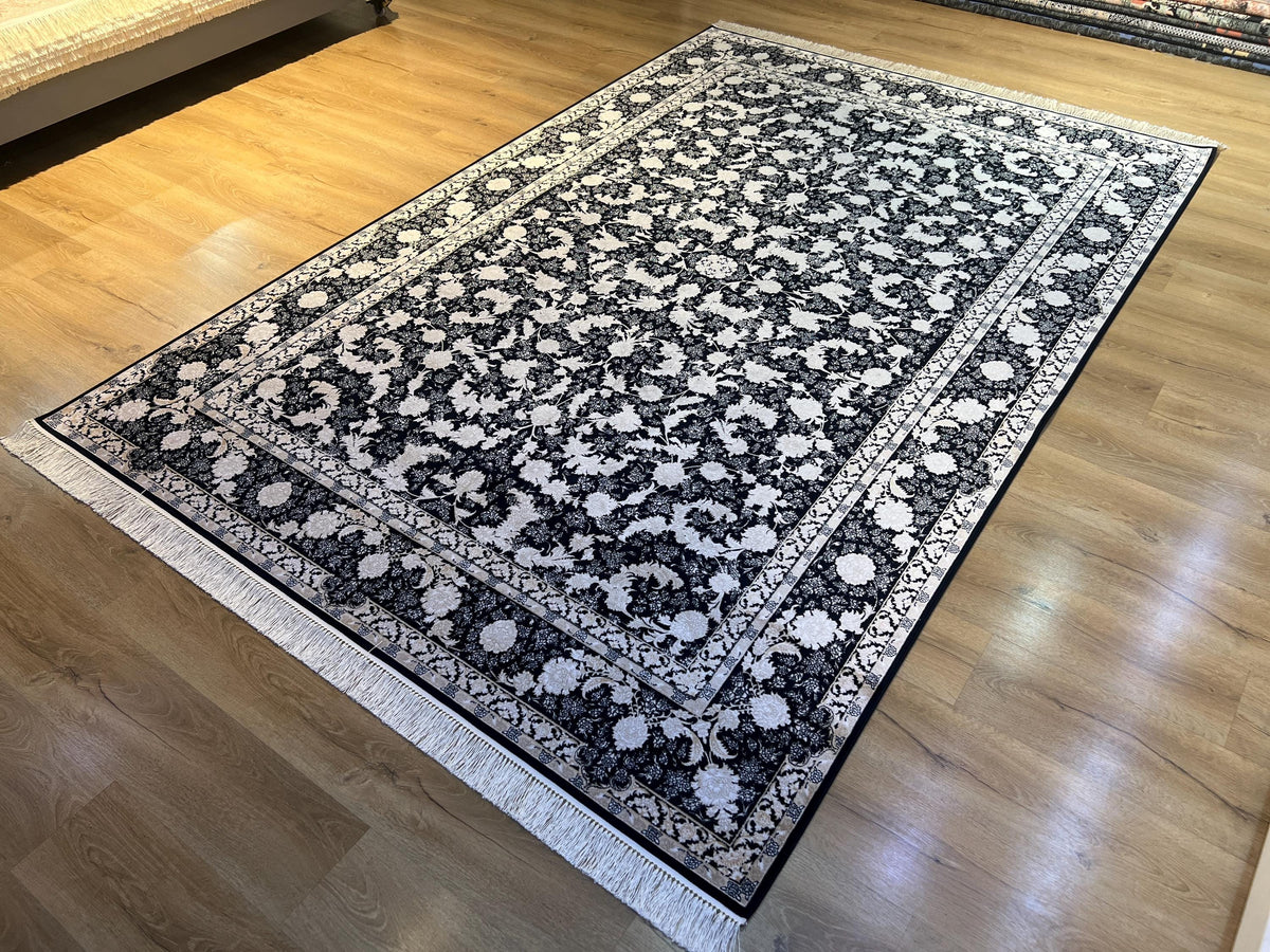 Black Classic Silk Rug with Gold Floral Motifs, Luxury Silk Carpet