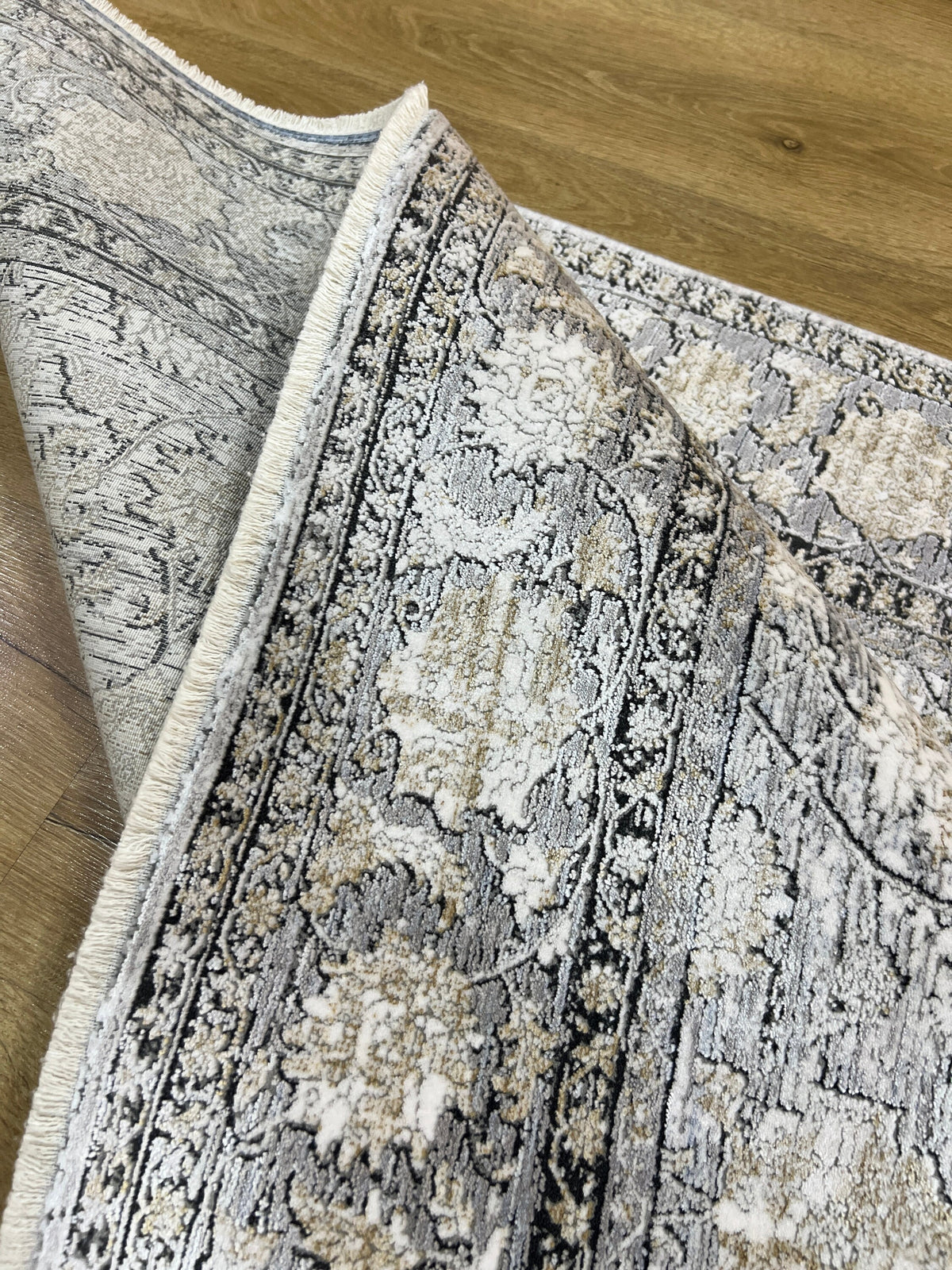 Gray Bamboo Rug, Turkish Floral Carpet, 5x8 ft