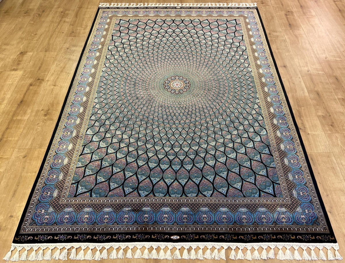 Blue Black Silk Rug, Medallion Design Rug, Traditional Pattern Carpet