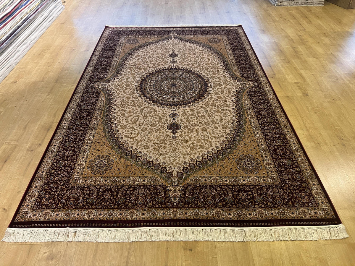7x10 Bamboo Silk Rug, Red Gold Medallion Design, Beige Classic Turkish Carpet
