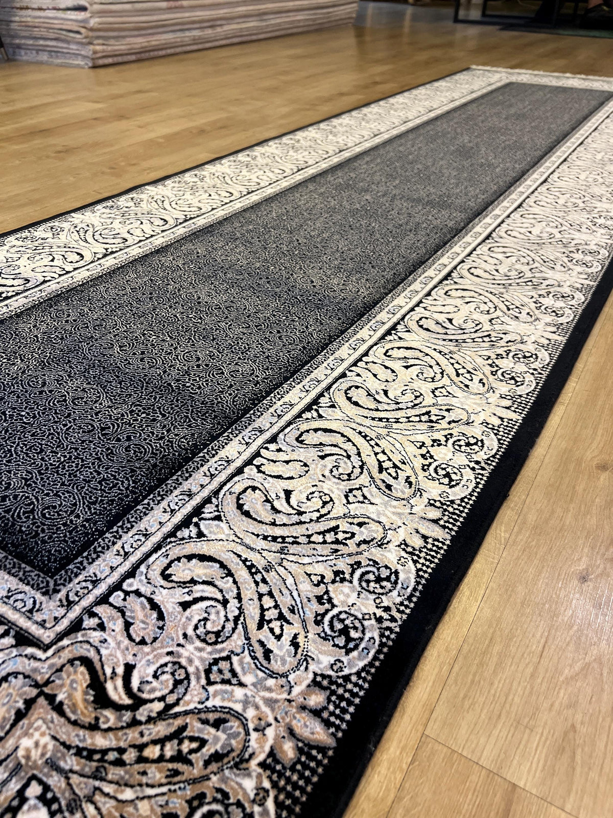 Black Silk Runner Rug with Framed Border, 3x10 ft, Classic Luxury Hallway Rug