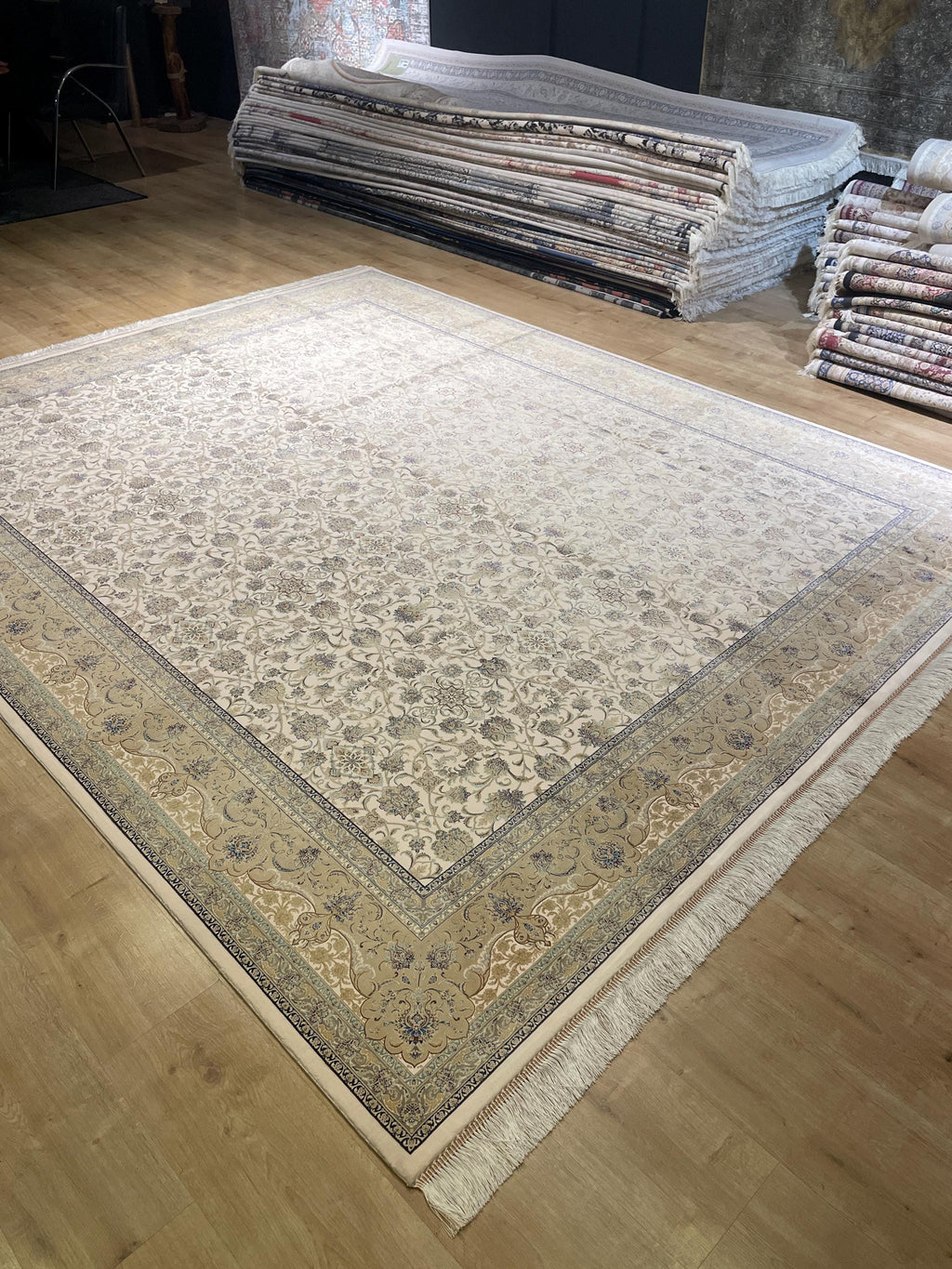 8x10 Ft Cream Modal Silk Rug, Beige Border Floral Design, Classic Elegant Large Rug