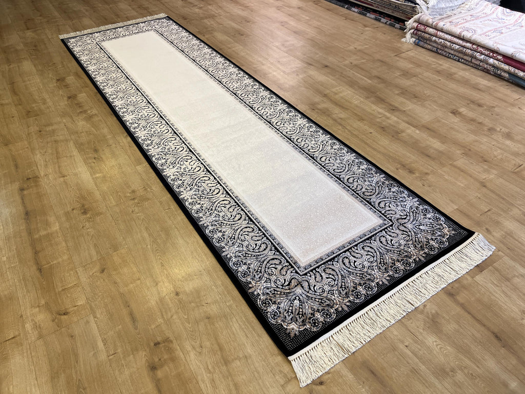 Black and Cream Silk Runner Rug, 3x10 ft, Classic Luxury Hallway Rug