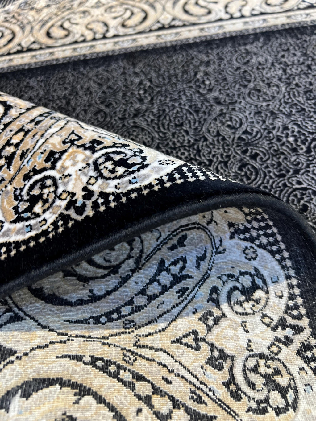 Black Silk Rug with Framed Border, 3x5 ft, Classic Luxury Small Rug