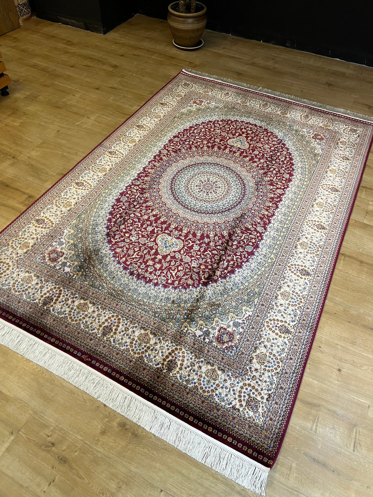 Red Beige Silk Rug, Turkish Carpet, Medallion Design 5x8 ft