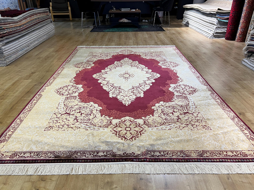 7x10 ft Red Silk Rug with Gold Medallion – Classic Turkish Style Luxury Carpet