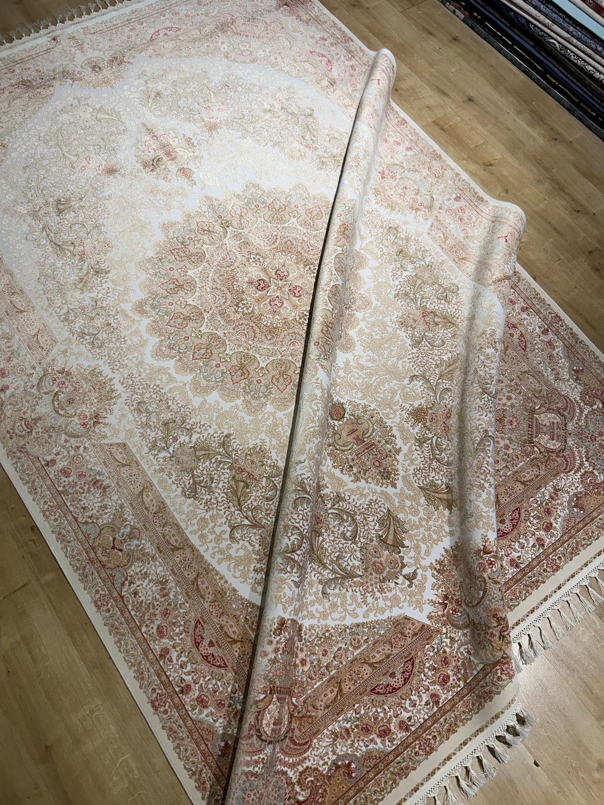 7x10 Ivory Silk Rug, Green Gold Floral Silk Carpet, Classic Medallion Design