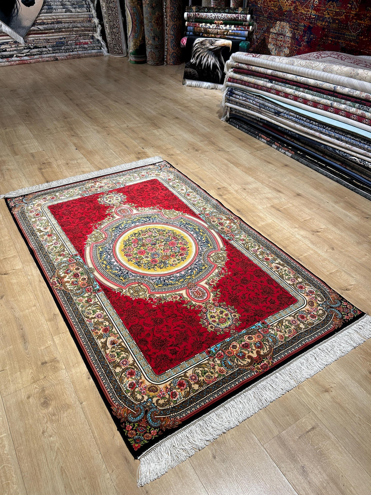 Red Silk Rug, Floral Medallion Design, Classic Silk Carpet