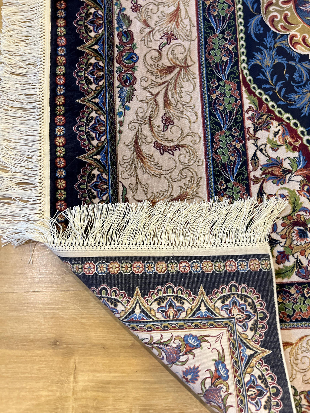 7x10 ft Navy Silk Rug with Peacock Medallion, Classic Luxury Design