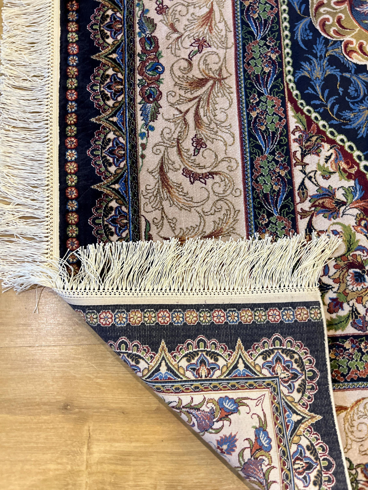 7x10 ft Navy Silk Rug with Peacock Medallion, Classic Luxury Design