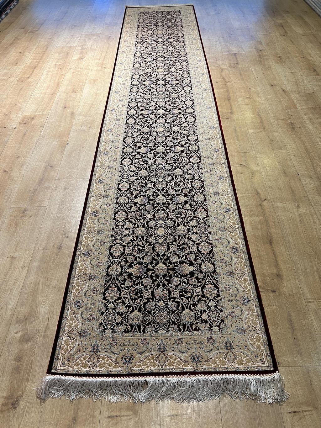 3x13 ft Red Silk Runner Rug, Blue Medallion, Classic Luxury Hallway Rug