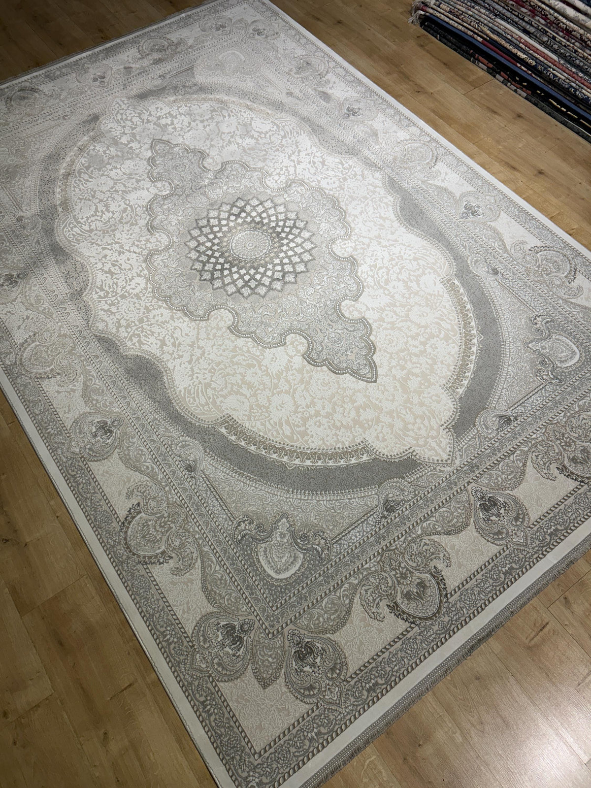 Gray Ivory Bamboo Rug, Classic Medallion Design Bamboo Carpet, Turkish Style Home Decor