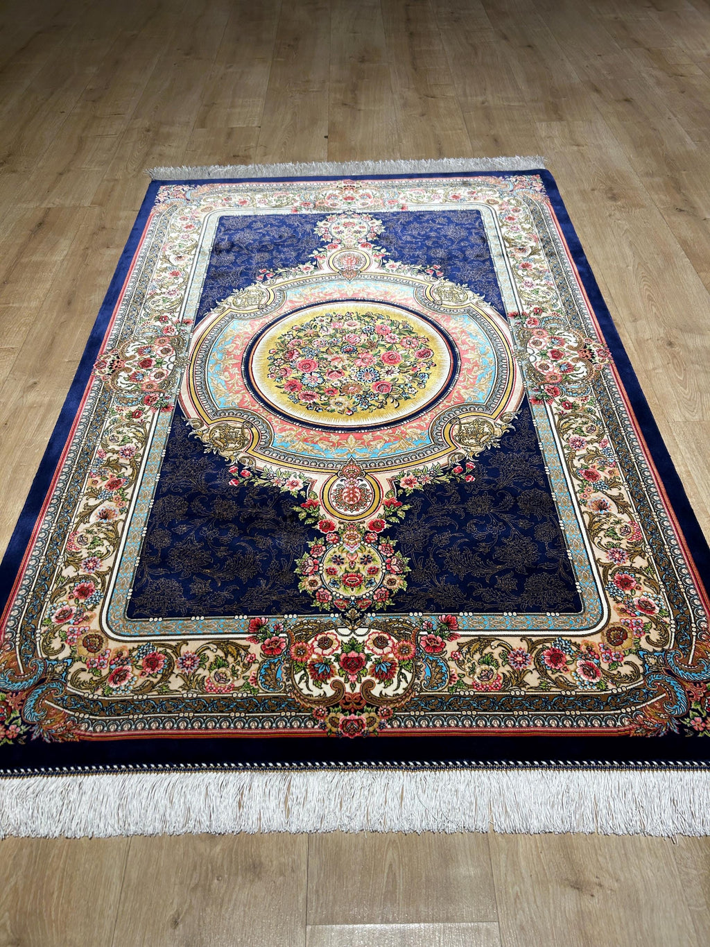 Navy Blue Silk Rug, Gold Floral Medallion Design, Classic Luxury Rug