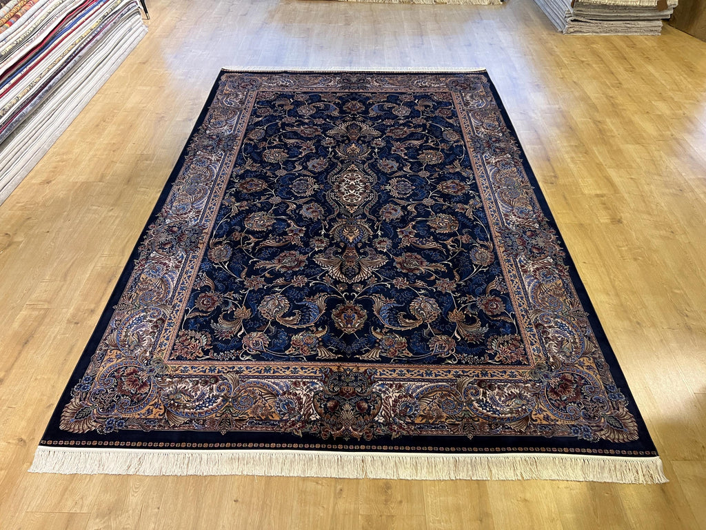 Dark Blue Silk Rug 6.5x9.8 ft, Traditional Turkish Carpet