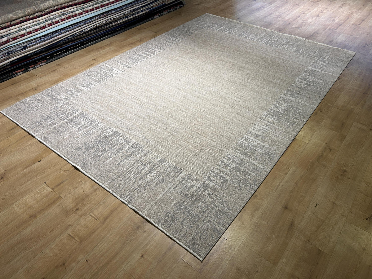 Beige Gray Bamboo Rug with Bordered Modern Patterns
