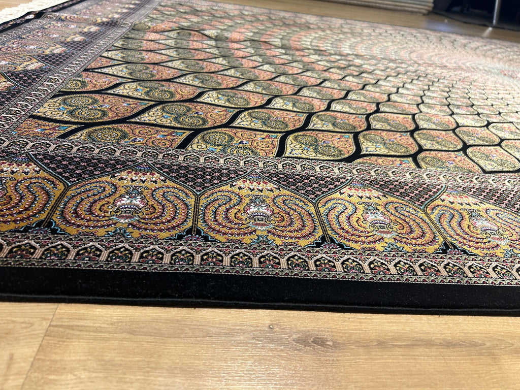 Gold Black Silk Rug, Medallion Peacock Tail Design Rug, Traditional Pattern Carpet