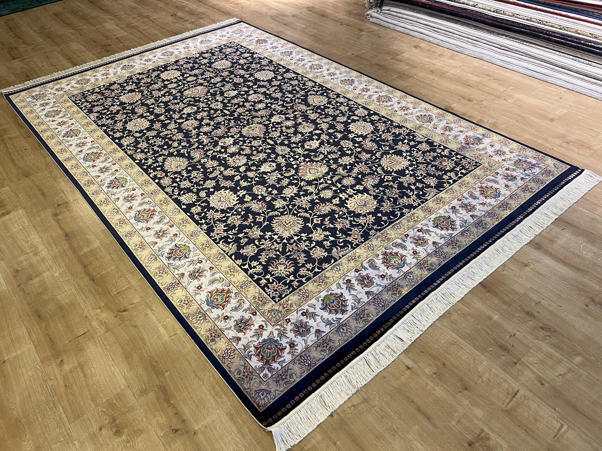 7x10 ft Navy Blue Silk Rug, Traditional Floral Carpet