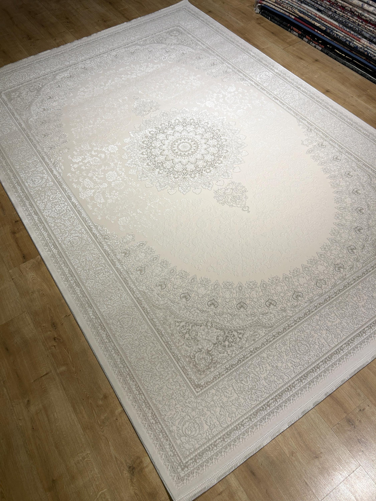 Ivory Gray Bamboo Rug, Minimalist Design Classic Medallion Bamboo Carpet, Home Decor