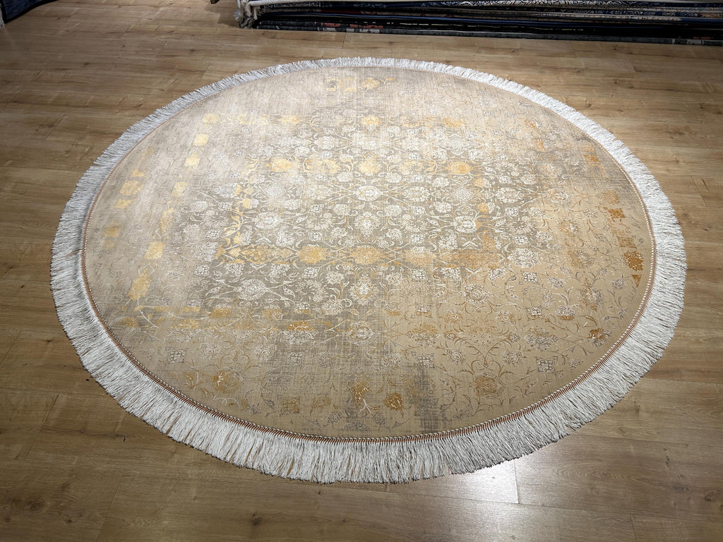 7x7 Ft Beige Gold Silk Rug, Distressed Floral Pattern Carpet