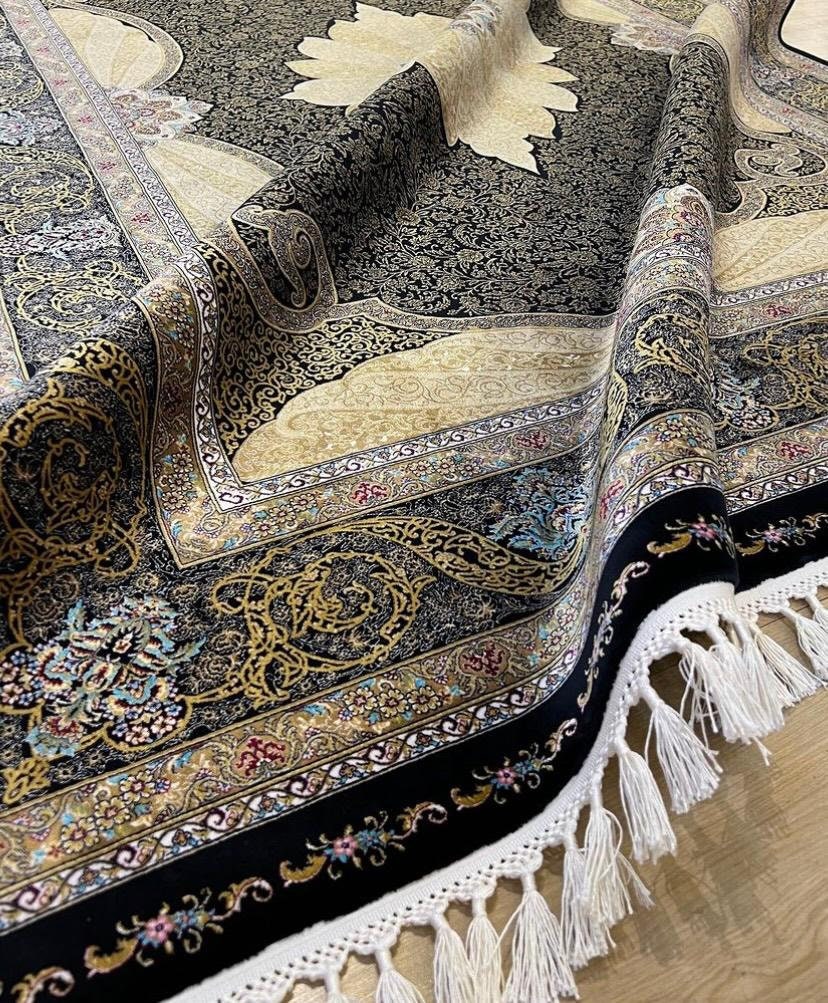 Black Gold Modal Silk Rug, Classic Turkish Style, Medallion Pattern