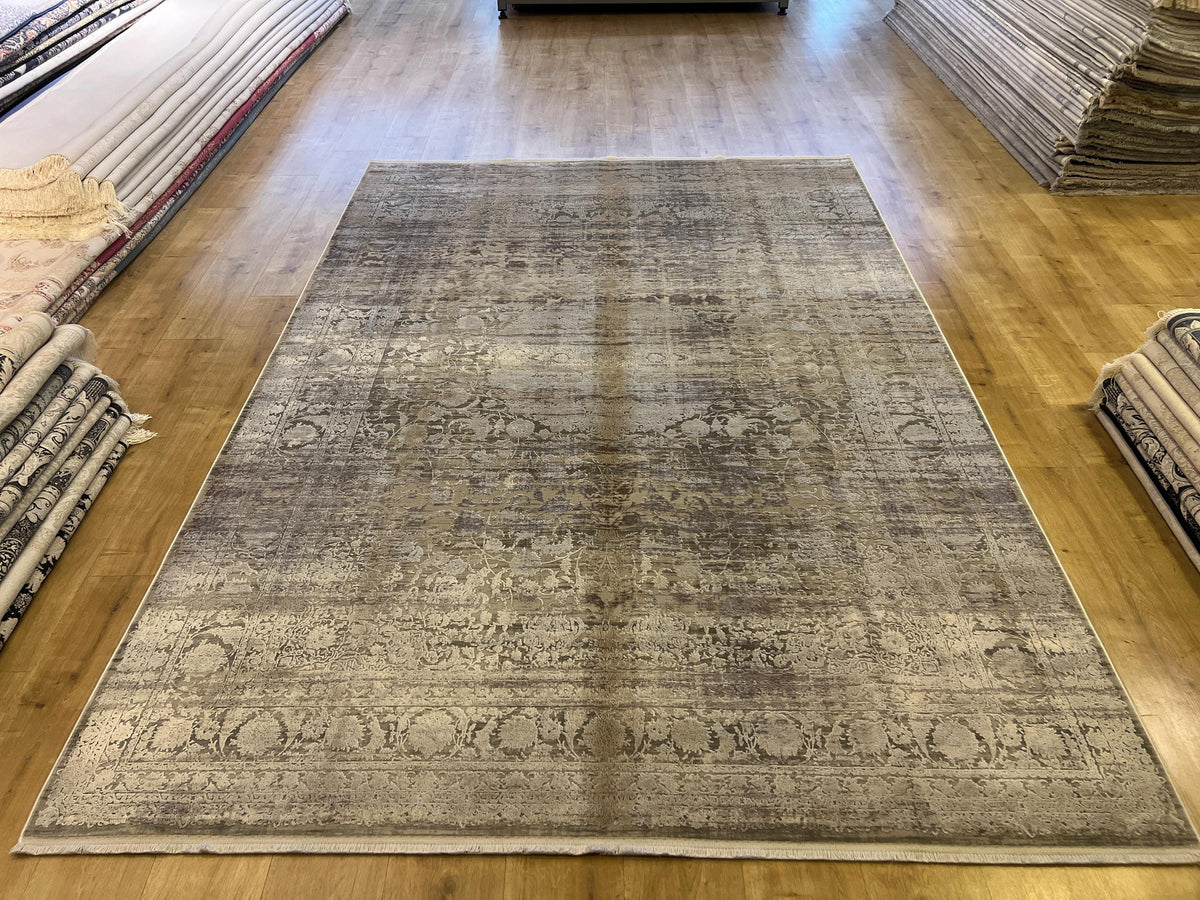 7x10 Gray Bamboo Acrylic Rug, Modern Medallion Pattern, Luxury Living Room Carpet