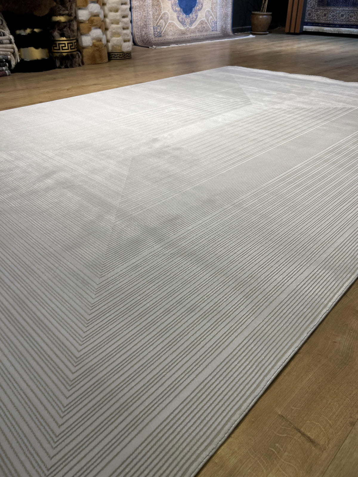 7x10 ft Ivory Cream Bamboo Rug, Striped Modern Bamboo Carpet