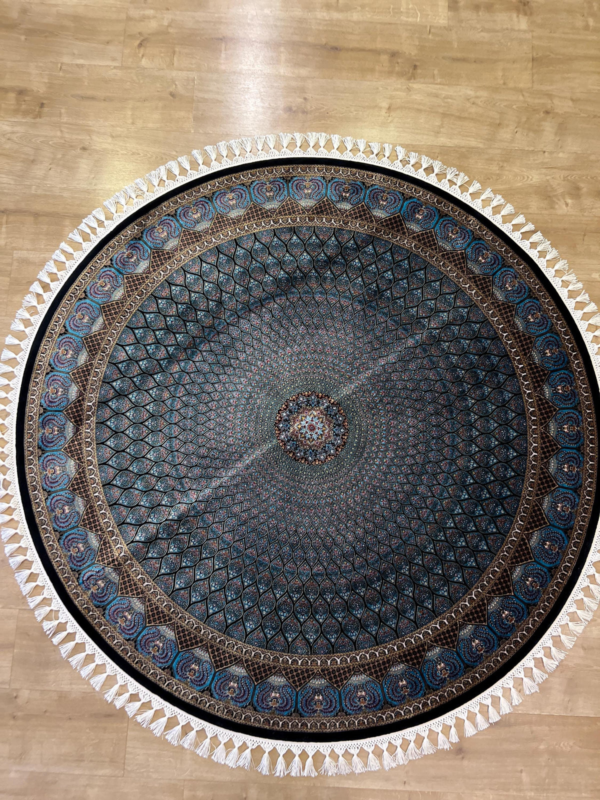 Blue Round Silk Rug, Classic Turkish Style Carpet, Medallion Design