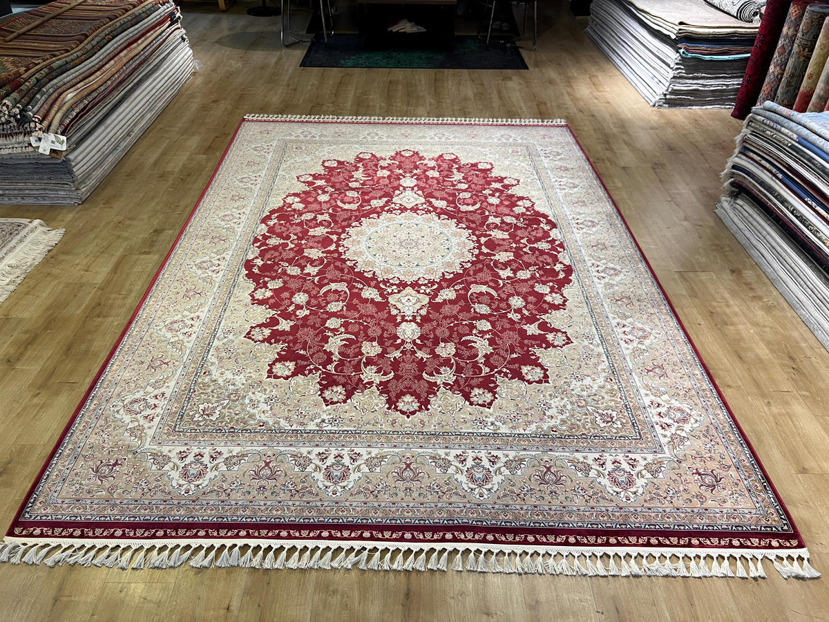 8x11 ft Classic Silk Carpet, Red Base Gold Medallion, Turkish Style Oversize Rug