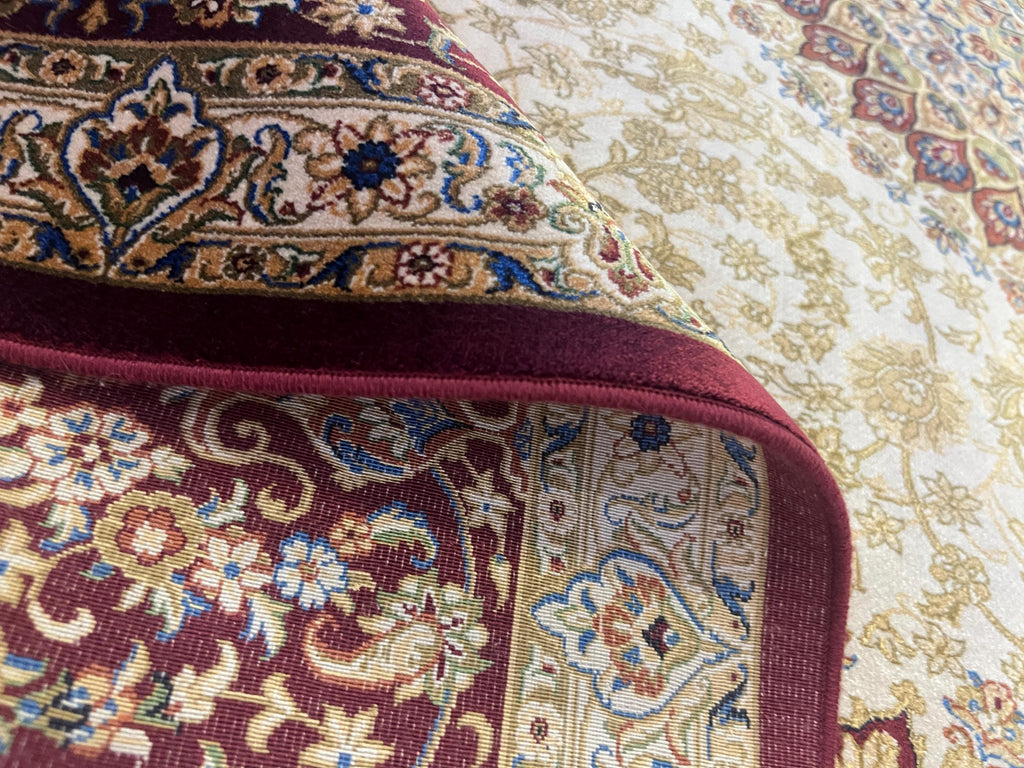 7x10 Bamboo Silk Rug, Red Gold Medallion Design, Beige Classic Turkish Carpet