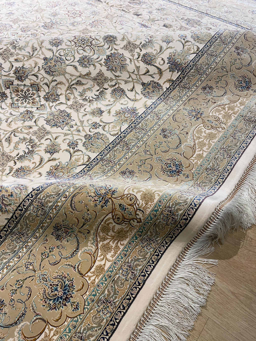8x10 Ft Cream Modal Silk Rug, Beige Border Floral Design, Classic Elegant Large Rug