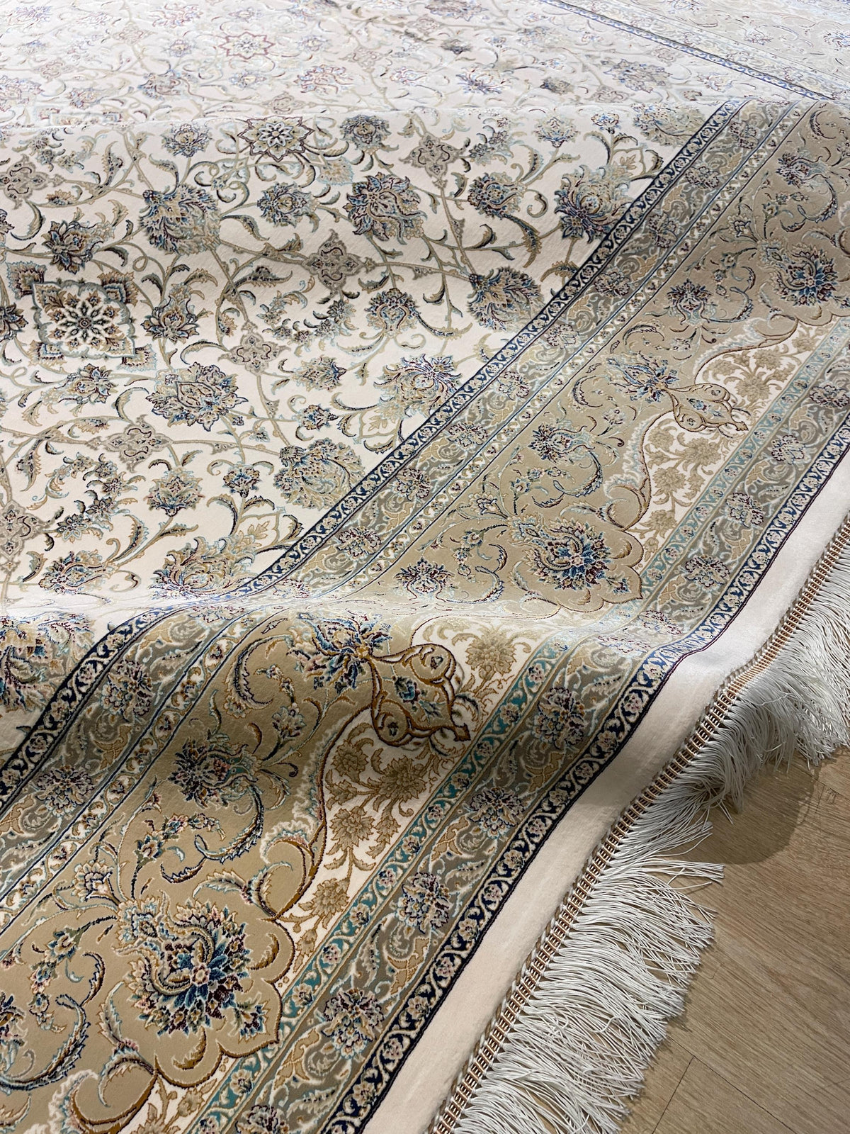 8x10 Ft Cream Modal Silk Rug, Beige Border Floral Design, Classic Elegant Large Rug