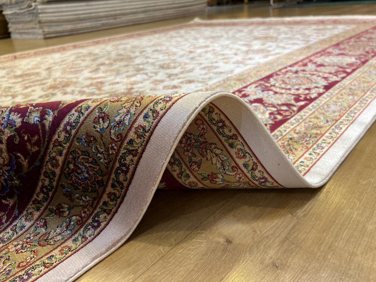 7x10 ft Turkish Silk Rug, Red Beige Floral Carpet
