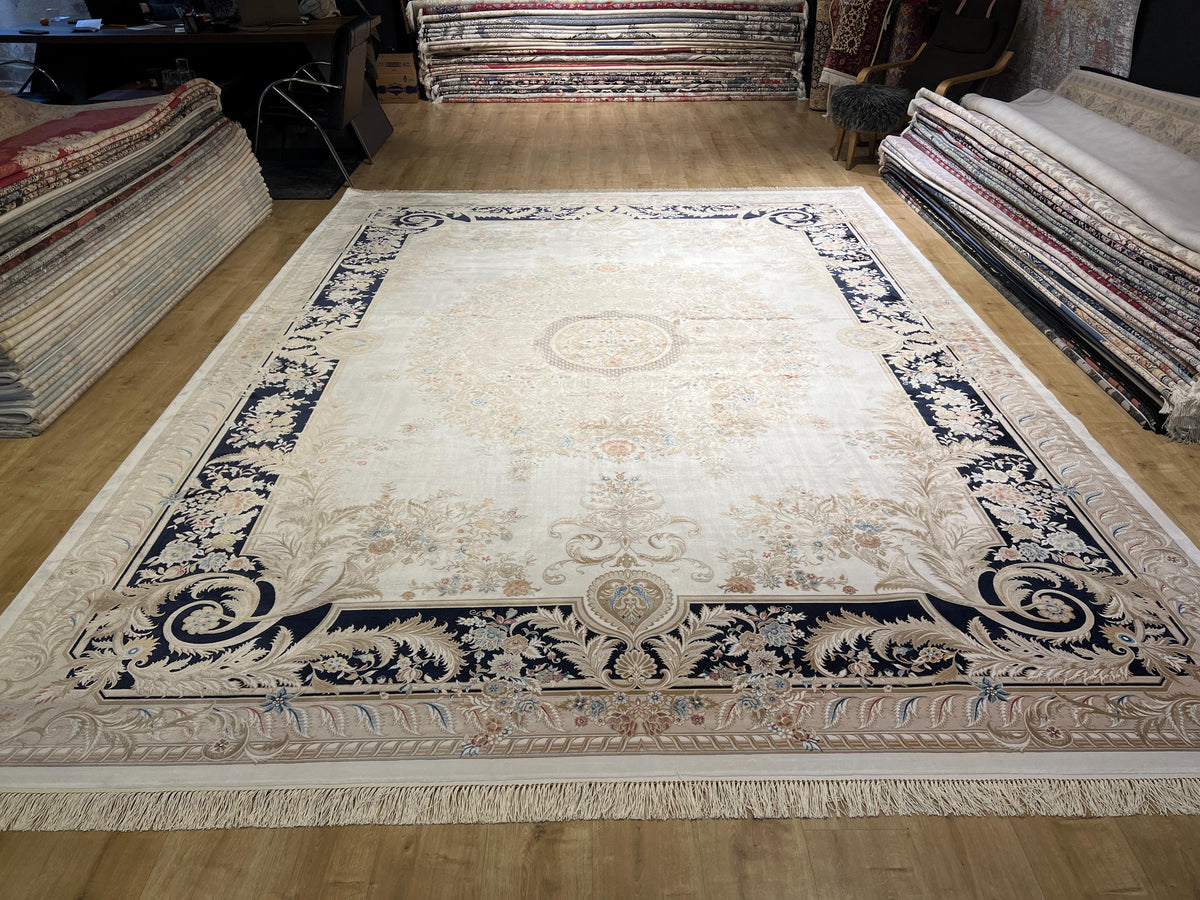 10x13 ft Ivory Silk Rug with Navy Blue Border Gold Medallion, Big Silk Carpet