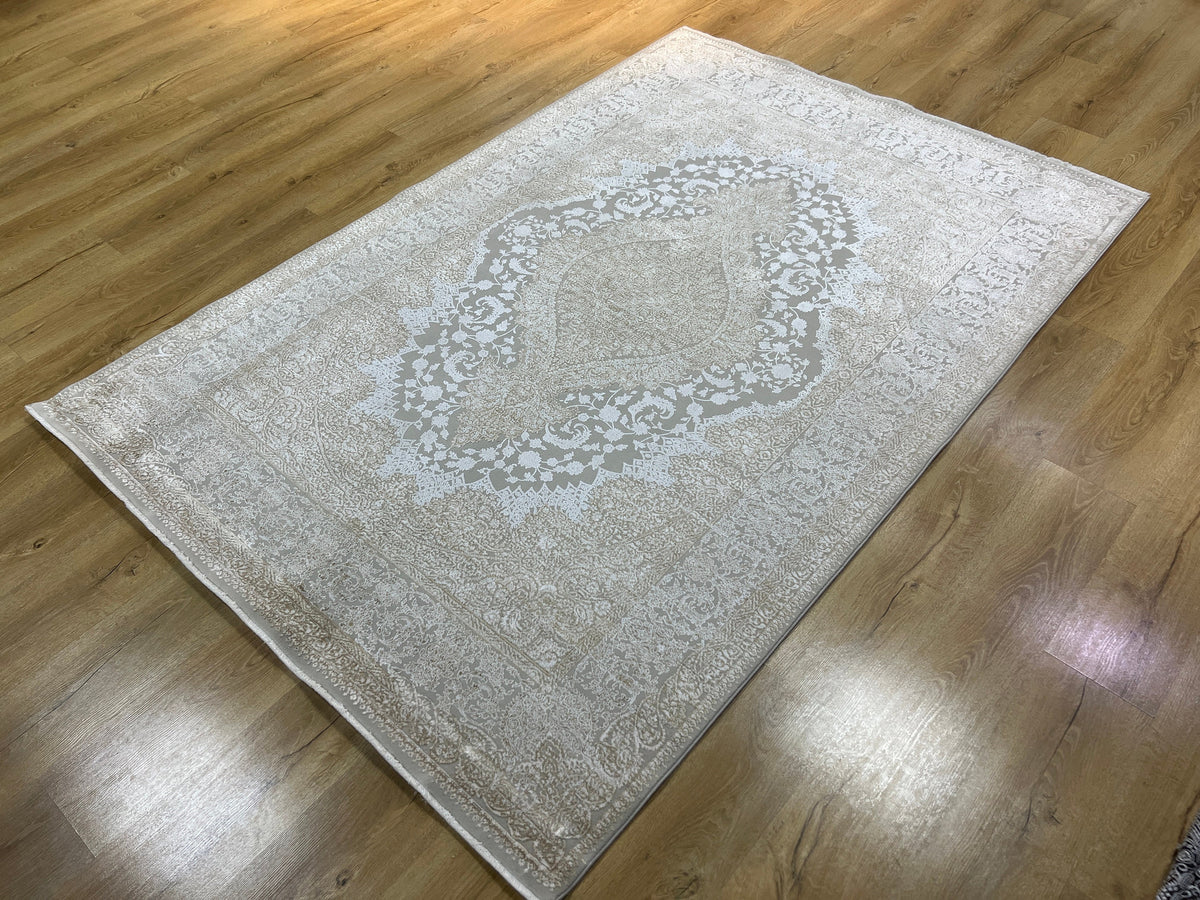Gold Gray Bamboo Rug, 5x8 ft, Medallion Design Turkish Carpet