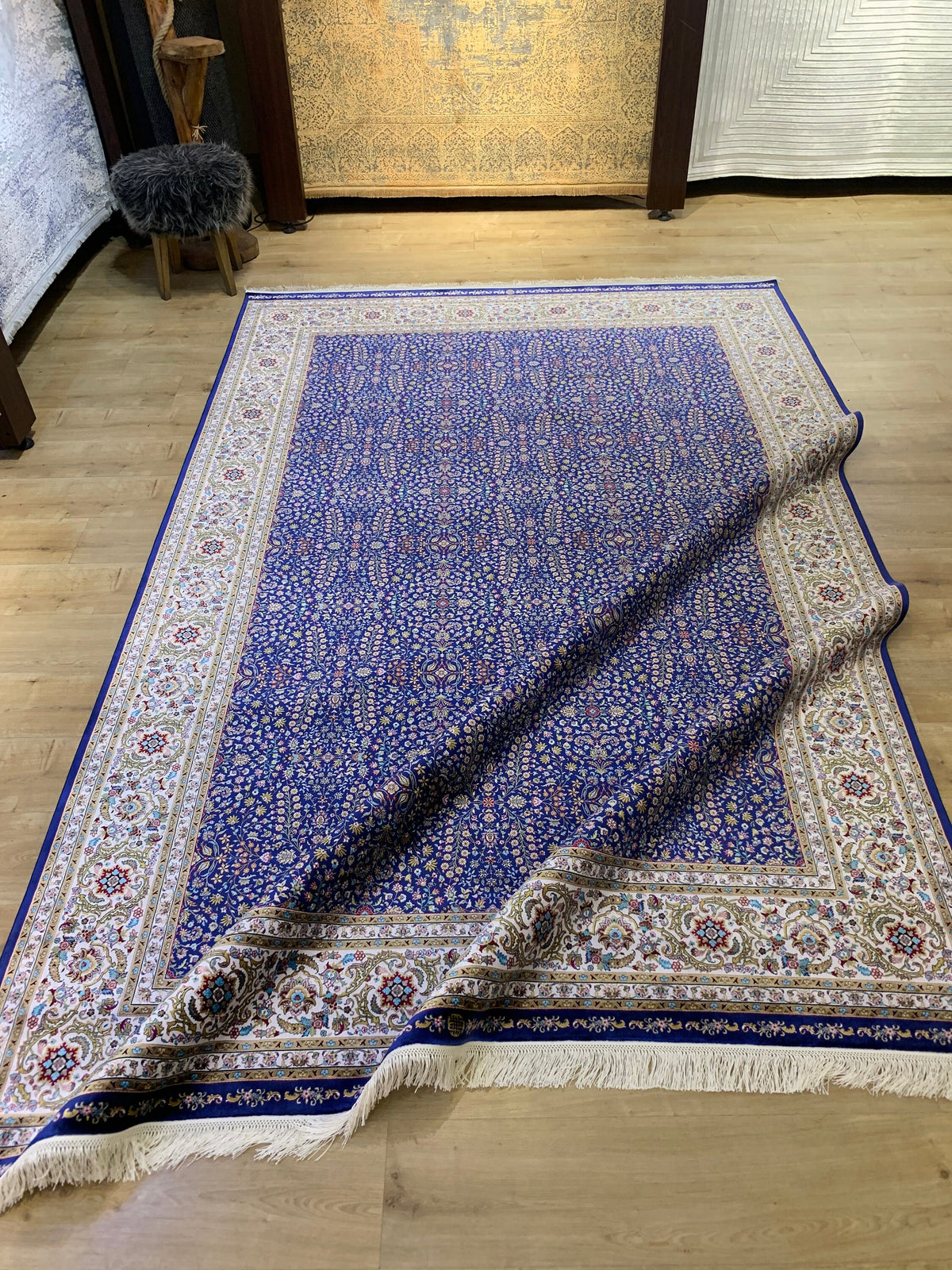 Blue Floral Silk Rug, Traditional Turkish Carpet, Luxury Home Decor