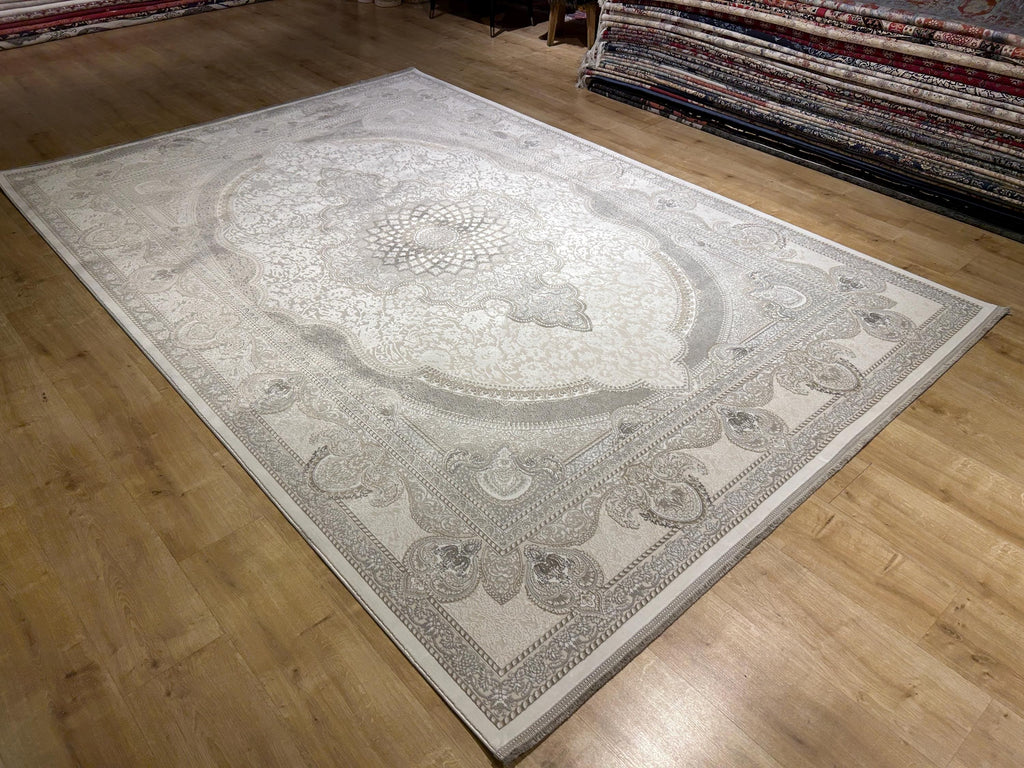 Gray Ivory Bamboo Rug, Classic Medallion Design Bamboo Carpet, Turkish Style Home Decor